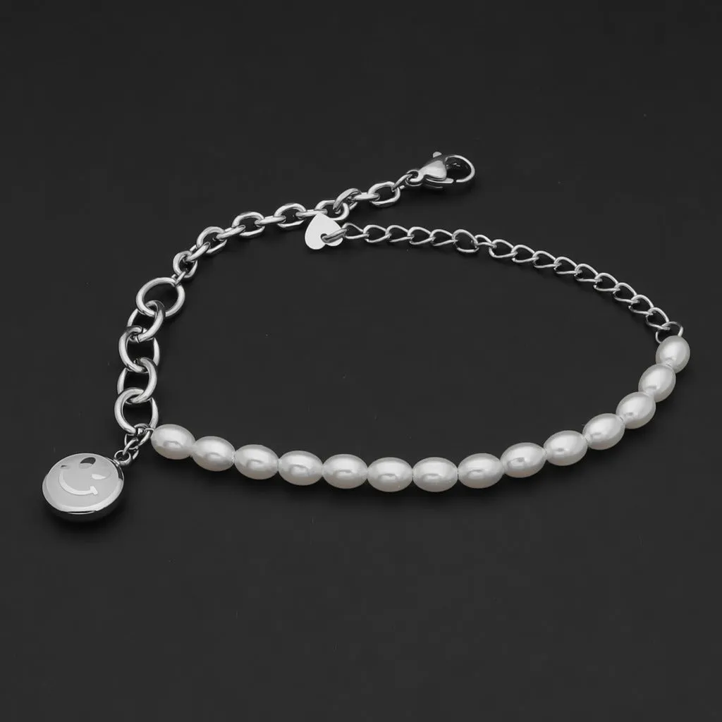 Stainless Steel Women's Bracelet with Dangle Smiley Face Charm - Silver