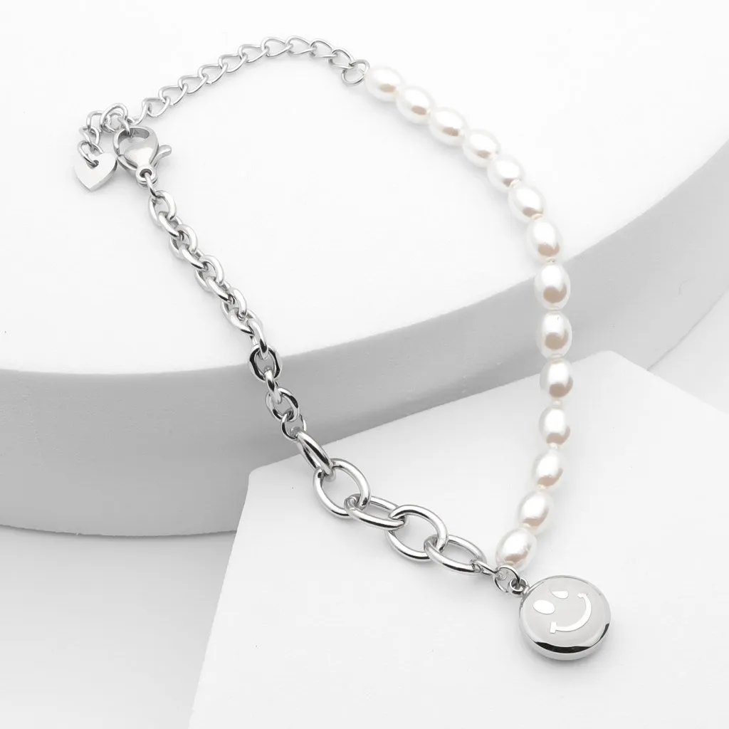 Stainless Steel Women's Bracelet with Dangle Smiley Face Charm - Silver
