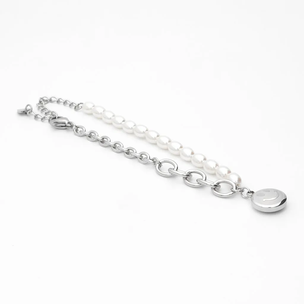 Stainless Steel Women's Bracelet with Dangle Smiley Face Charm - Silver