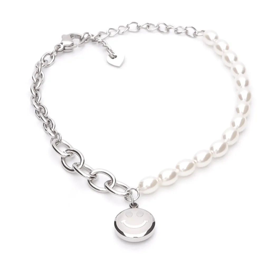 Stainless Steel Women's Bracelet with Dangle Smiley Face Charm - Silver