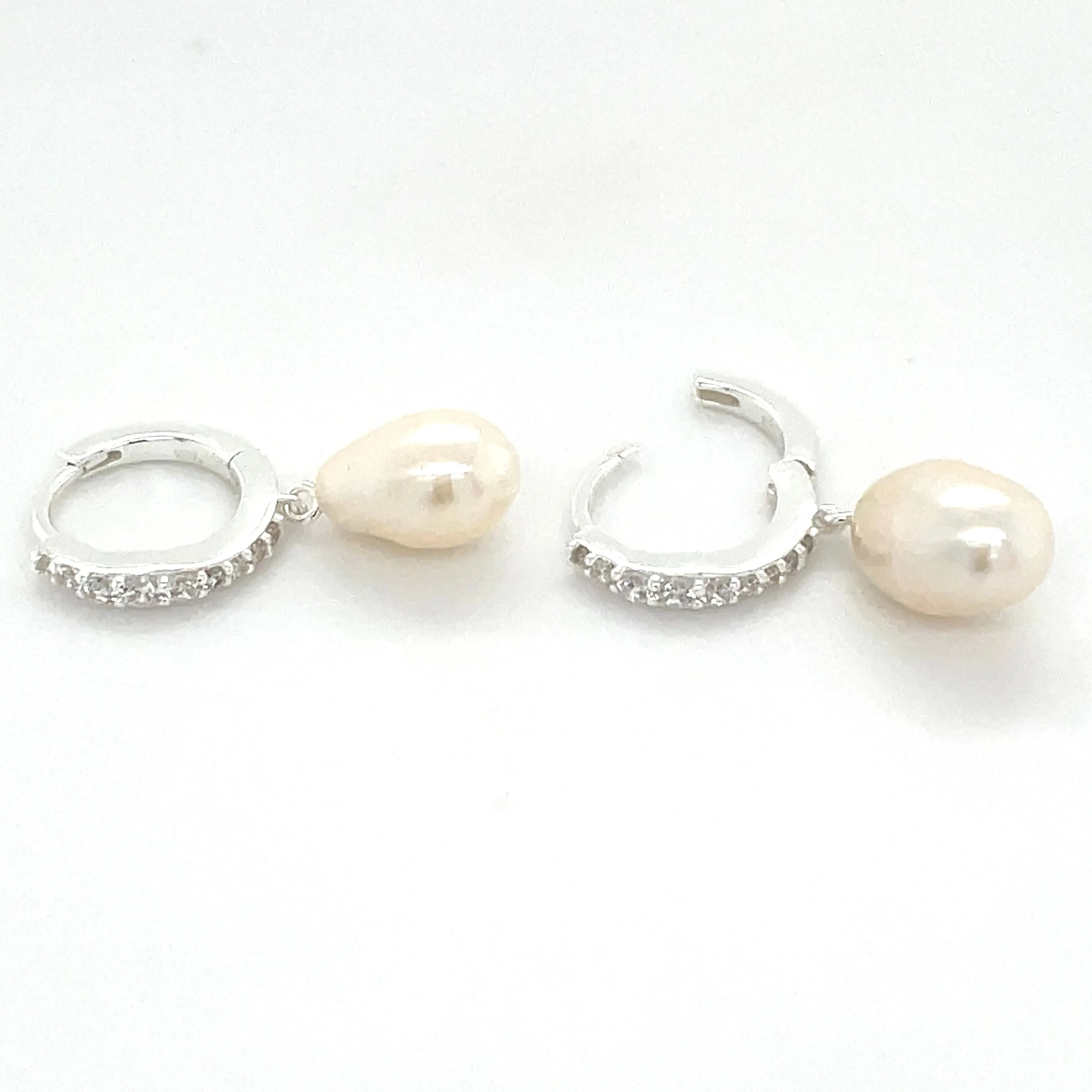 Sterling Silver Tapered Cz Hoops With Pearl Drop