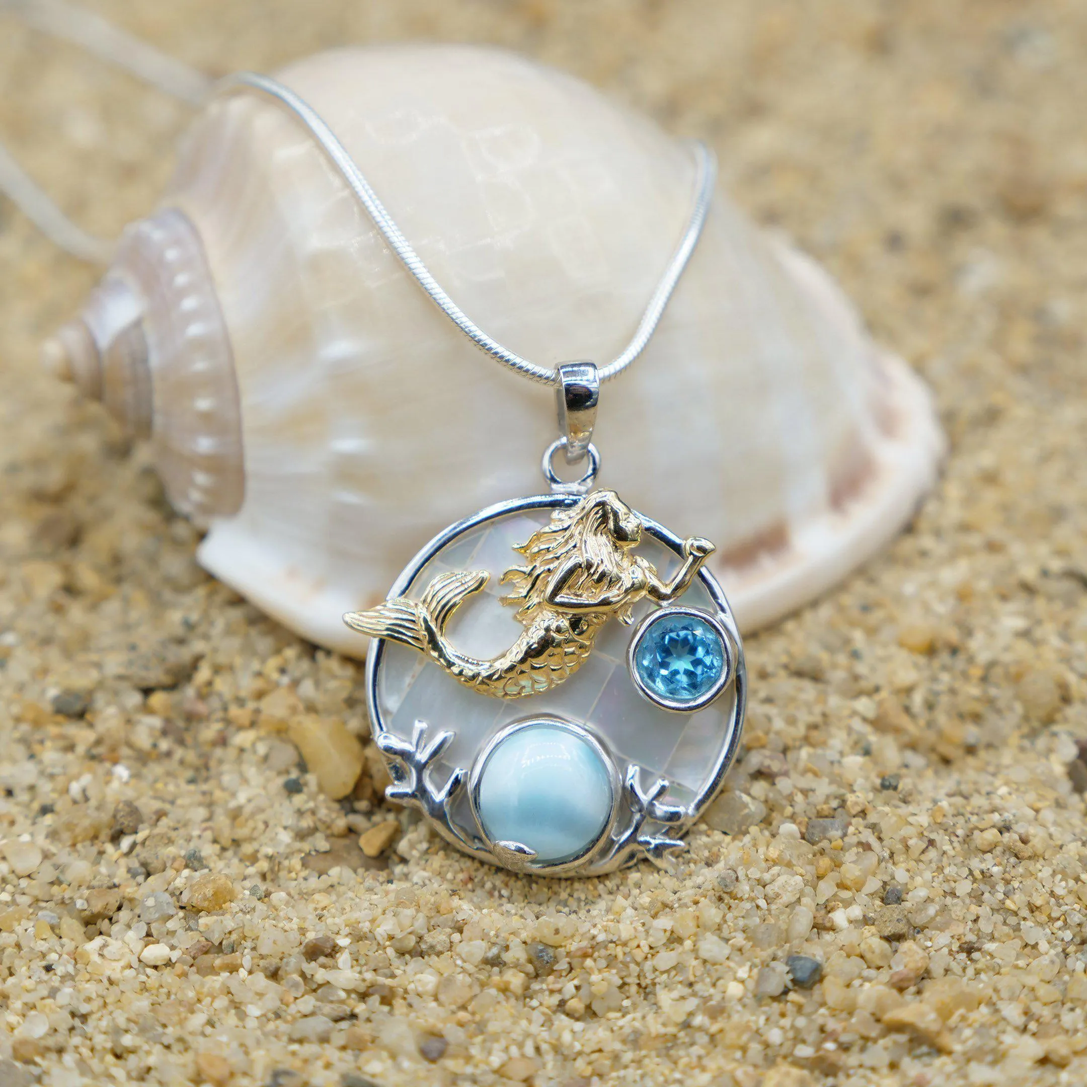 Swimming Mermaid Necklace with Caribbean Larimar - Miami