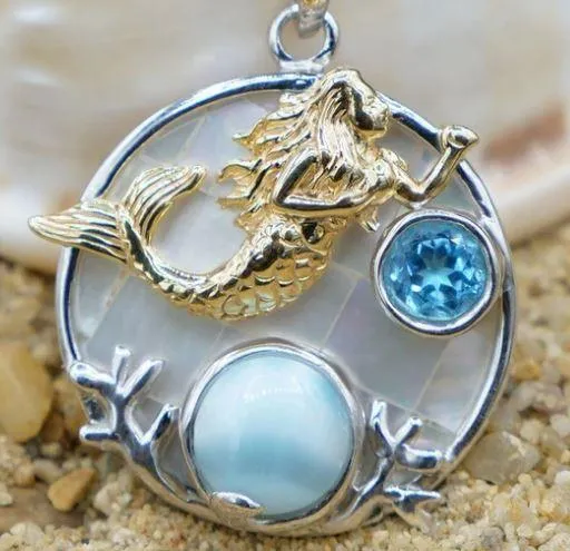 Swimming Mermaid Necklace with Caribbean Larimar - Miami